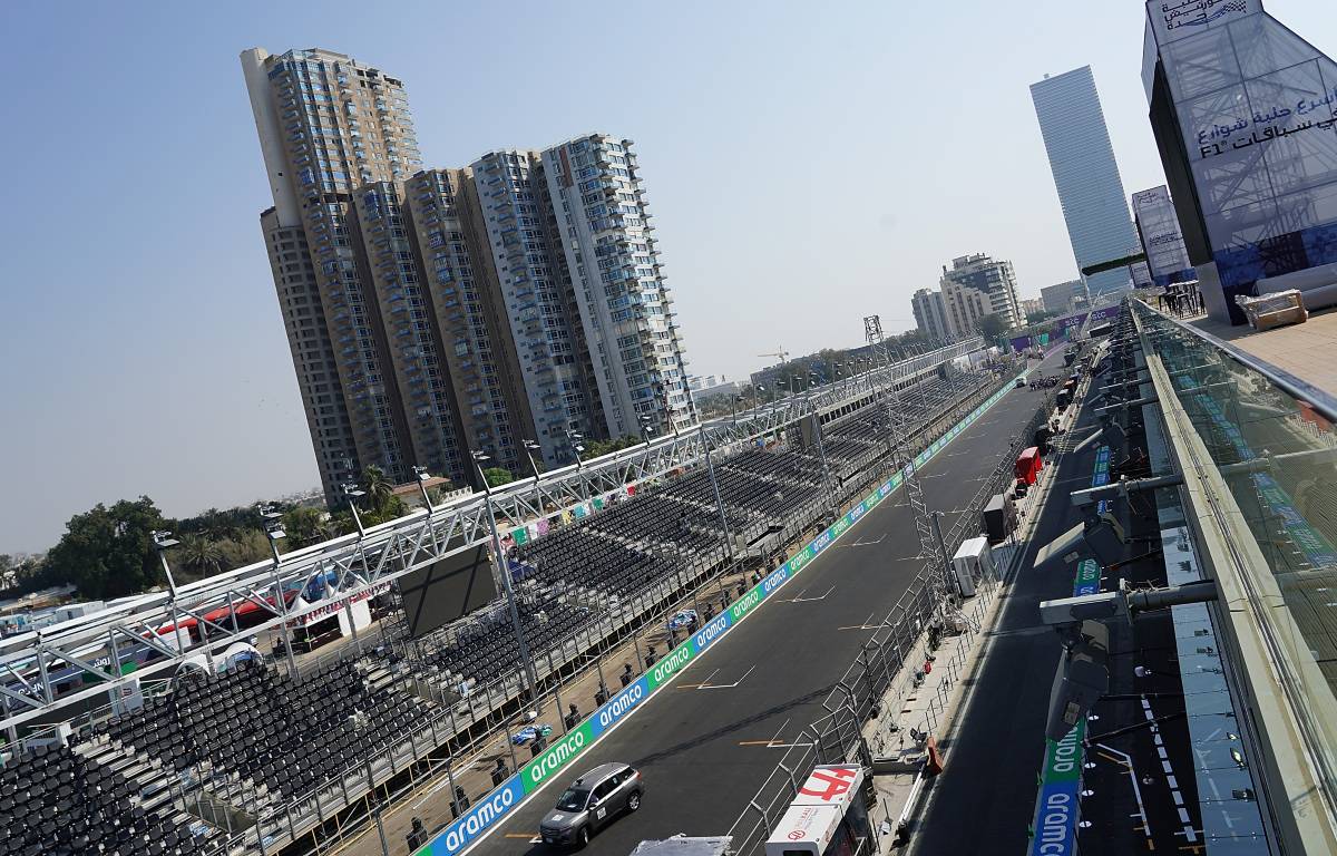 Jeddah Corniche Circuit main straight from above. Saudi Arabia, December 2021.