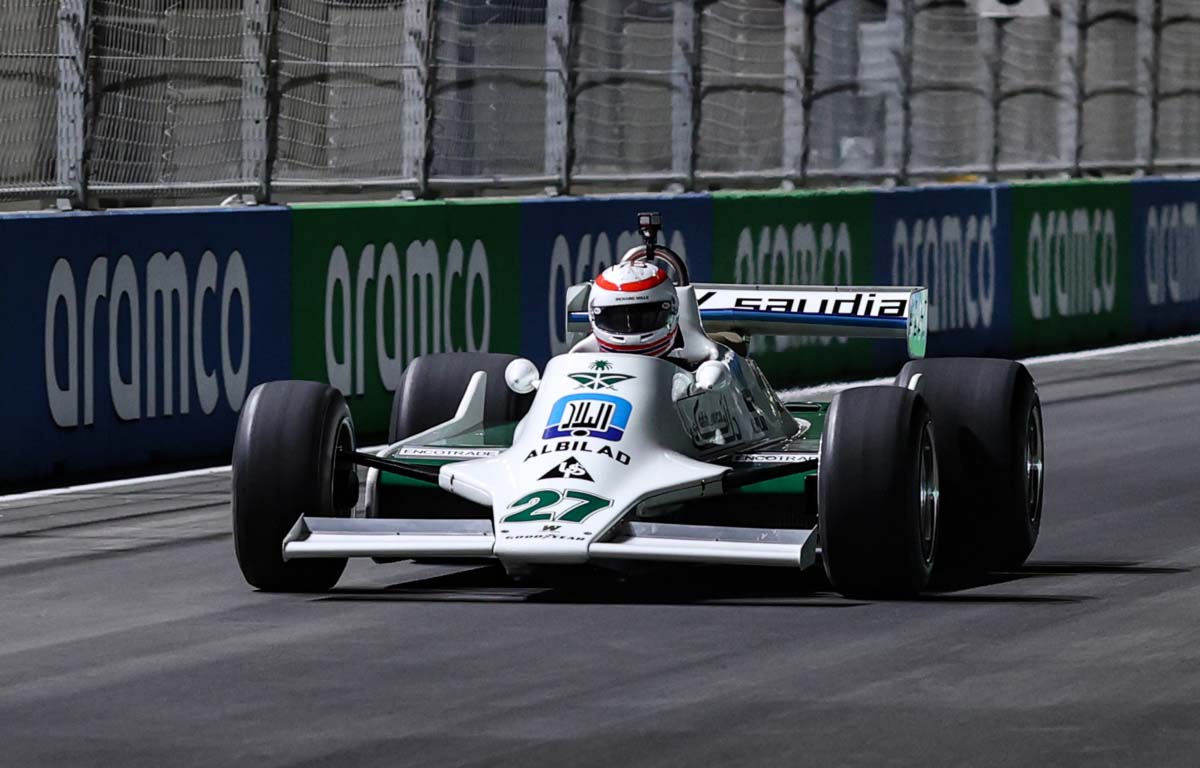 Martin Brundle drives the FW07 in tribute to Frank Williams. Saudi Arabia December 2021.