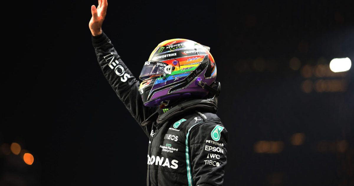 Lewis Hamilton waves at the crowd. Saudi Arabian GP December 2021.