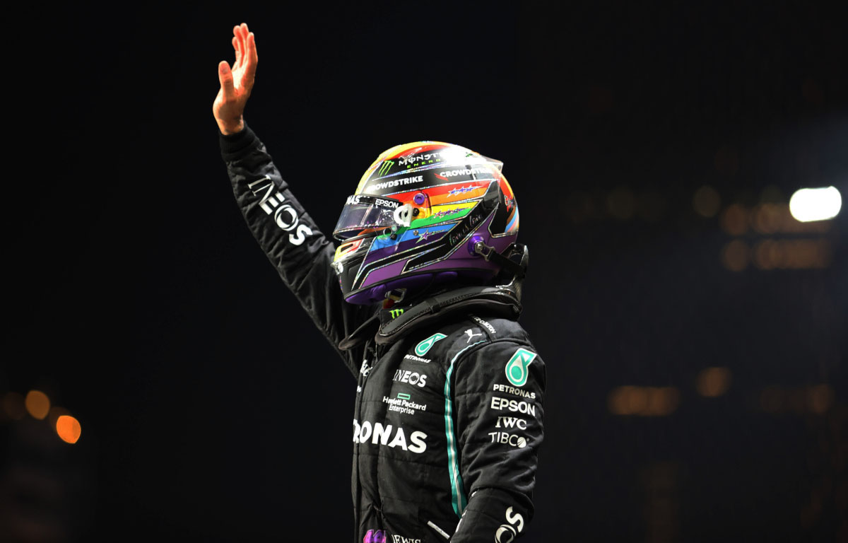 Lewis Hamilton waves at the crowd. Saudi Arabian GP December 2021.