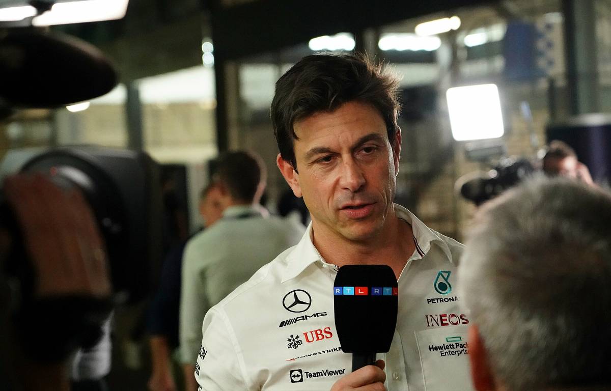 Toto Wolff holding microphone at the Saudi Arabian GP. Jeddah December 2021.