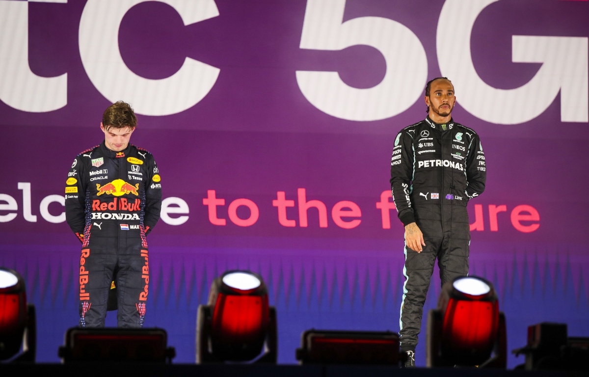 Max Verstappen and Lewis Hamilton on the podium. Saudi Arabia December 2021