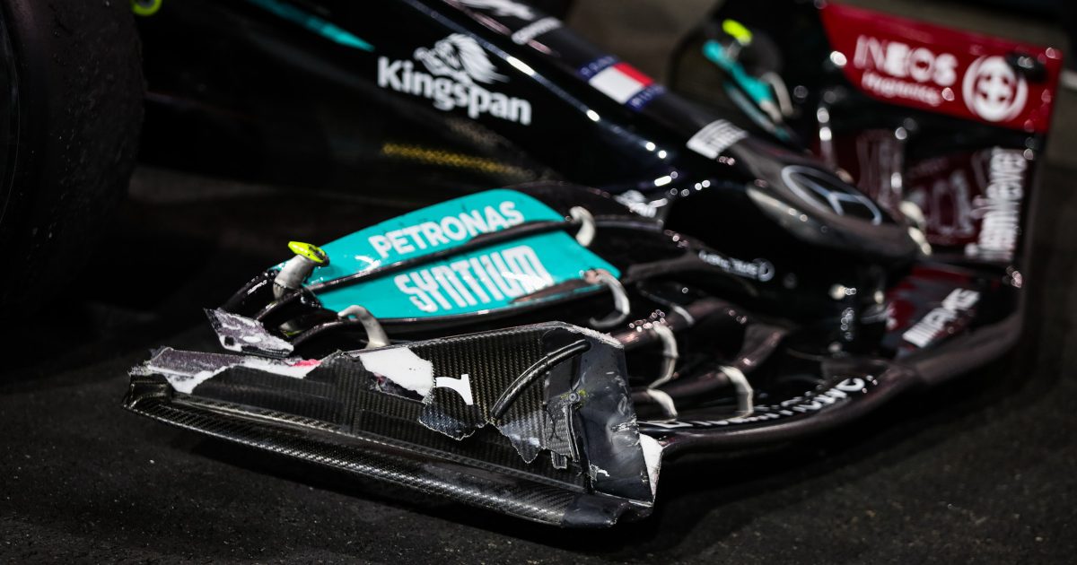 Lewis Hamilton, Mercedes, damaged front wing. Saudi Arabia December 2021