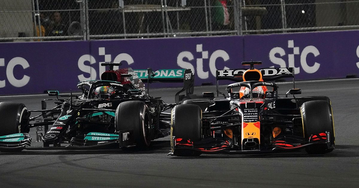 Lewis Hamilton and Max Verstappen fighting. Formula 1 Saudi Arabia December 2021