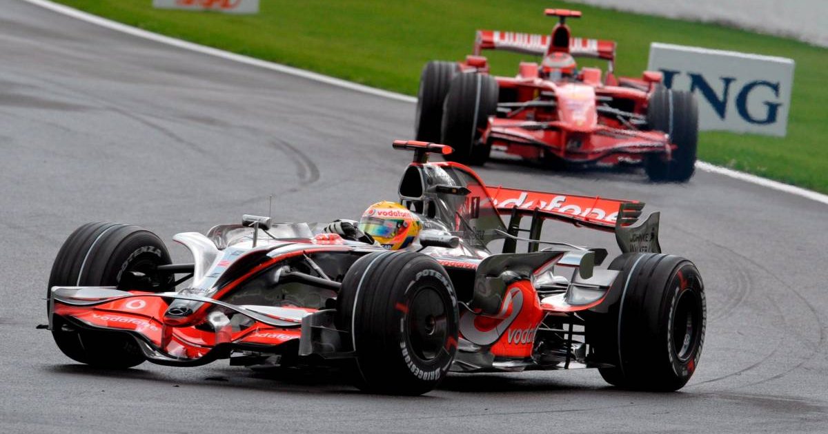 Lewis Hamilton ahead of Kimi Raikkonen during the Belgian GP. Spa-Francorchamps September 2008.