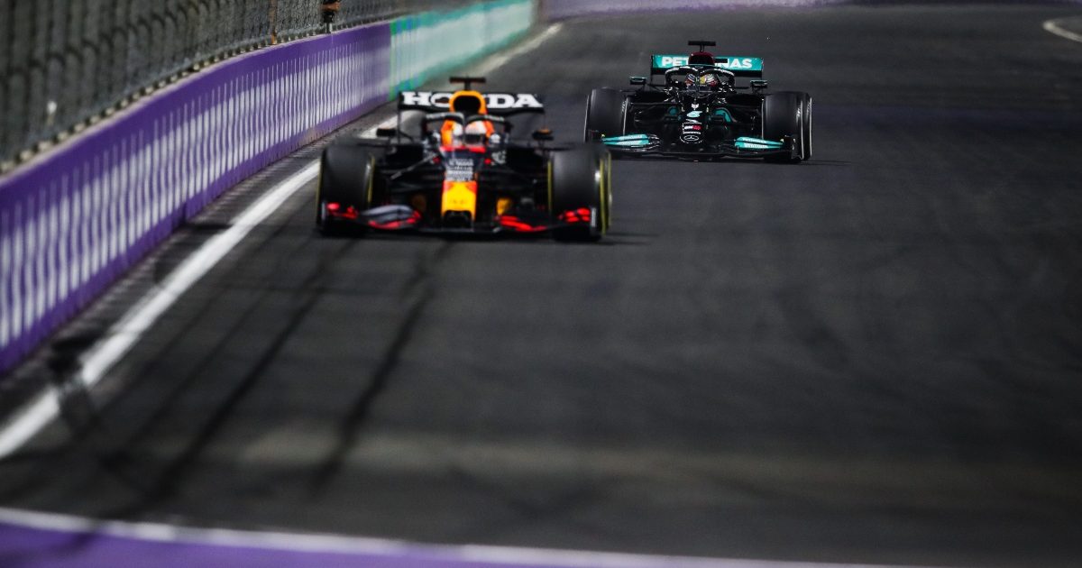 Max Verstappen just ahead of Lewis Hamilton. Saudi Arabia December 2021