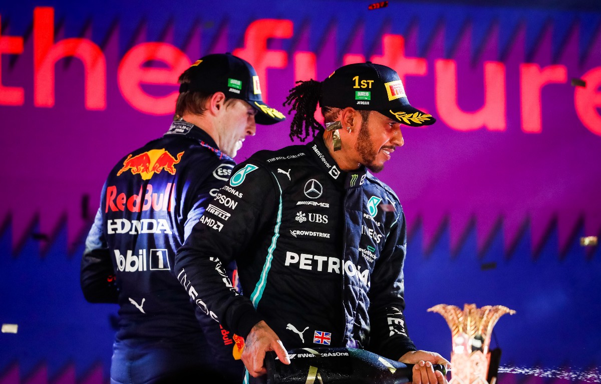 Lewis Hamilton and Max Verstappen on the podium. Saudi Arabia, December 2021.