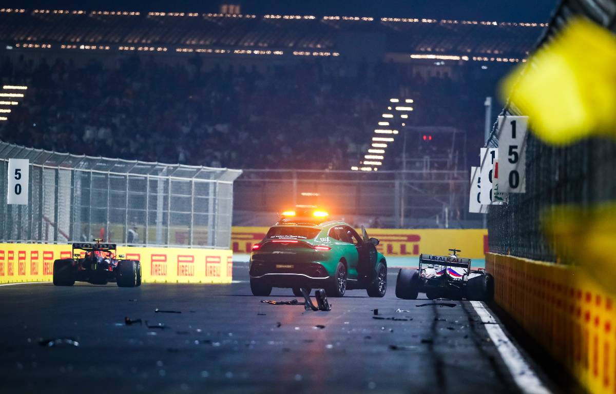 Medical car attends scene of Saudi Arabian GP crash. Jeddah December 2021.