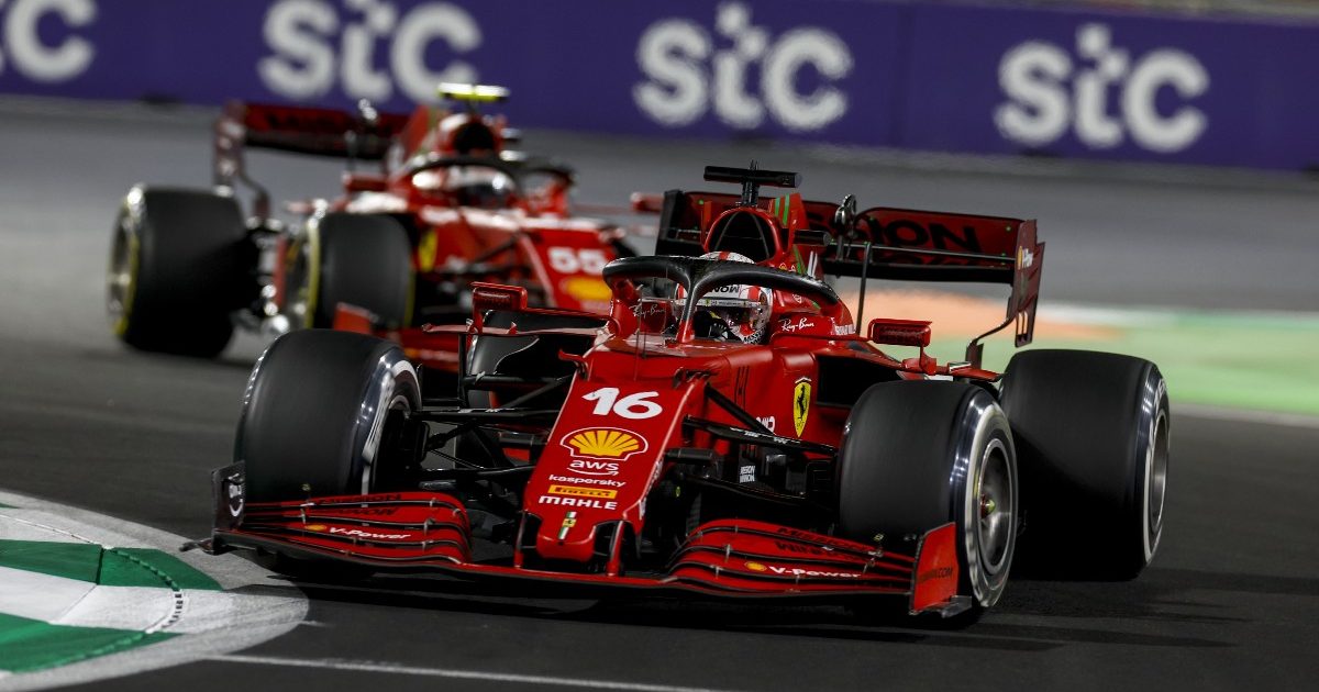Carlos Sainz and Charles Leclerc, Ferrari, in action. Saudi Arabia, December 2021.