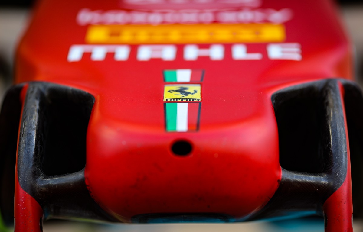 Ferrari logo on the nose cone of their F1 car. Abu Dhabi, December 2021.
