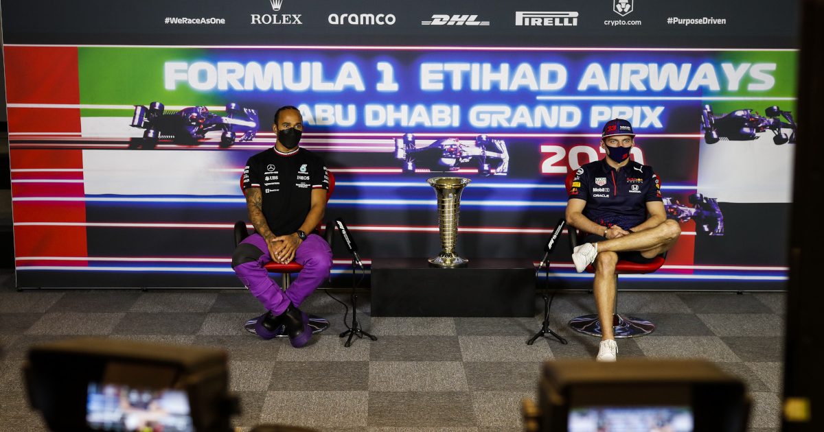 Lewis Hamilton and Max Verstappen in a press conference. Abu Dhabi December 2021