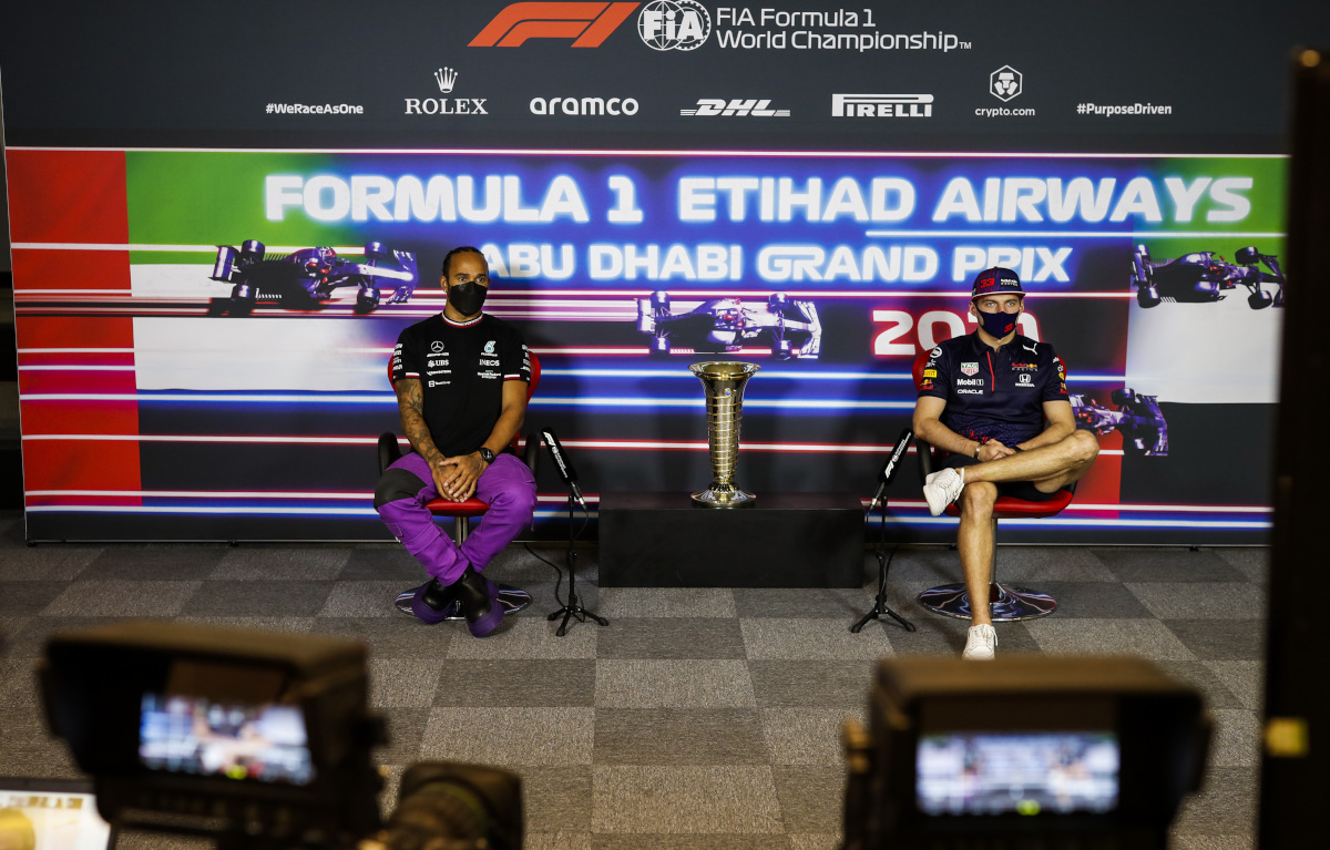 Lewis Hamilton and Max Verstappen in a press conference. Abu Dhabi December 2021