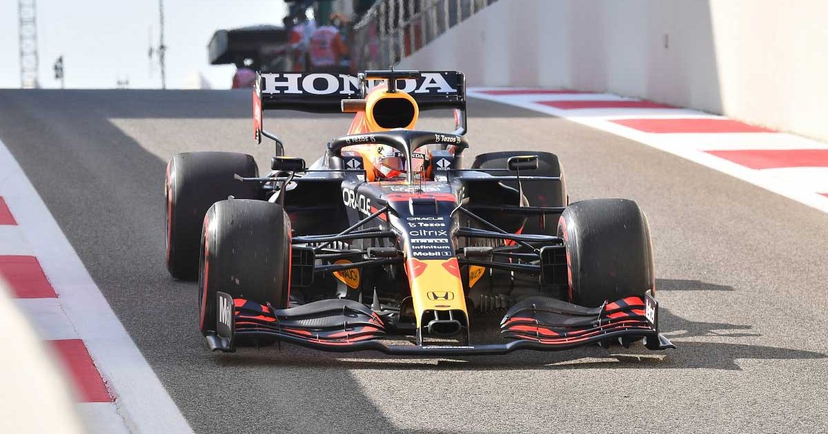 Max Verstappen exits the pit lane. Abu Dhabi December 2021.