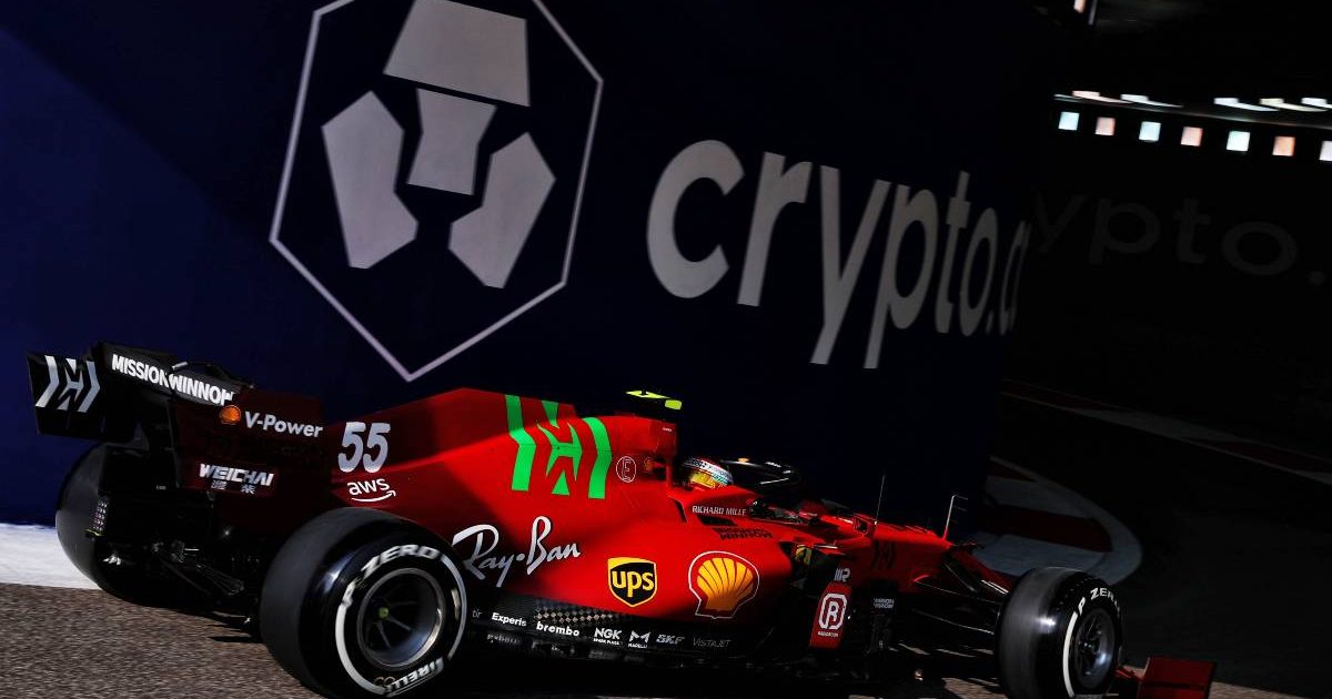 Carlos Sainz's Ferrari in the pit exit tunnel at the Abu Dhabi GP. Yas Marina December 2021.