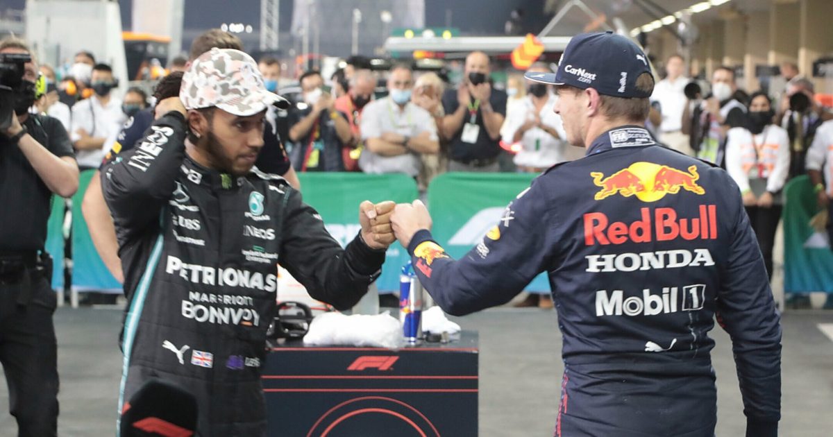 Max Verstappen and Lewis Hamilton fist bump. Abu Dhabi December 2021