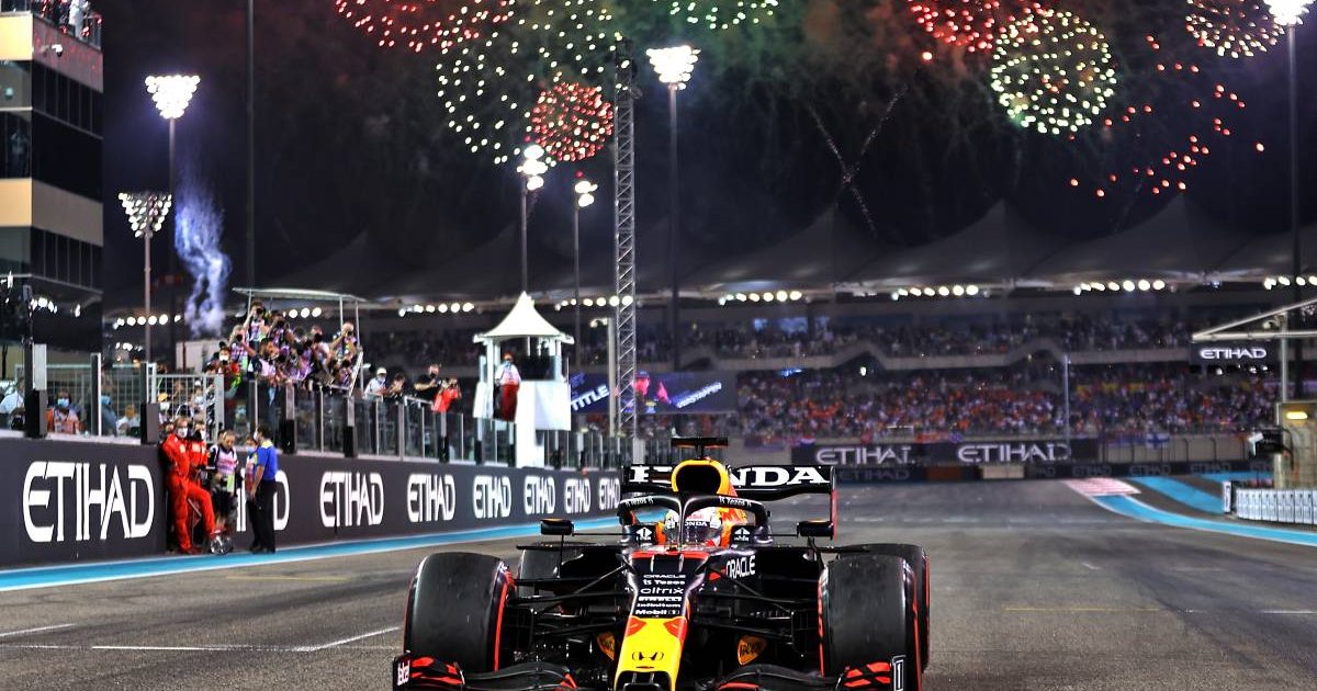 Max Verstappen's Red Bull in front of fireworks after winning the Abu Dhabi GP. Yas Marina December 2021.