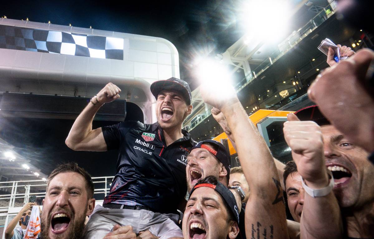 Max Verstappen celebrates his title win. Abu Dhabi, December 2021.