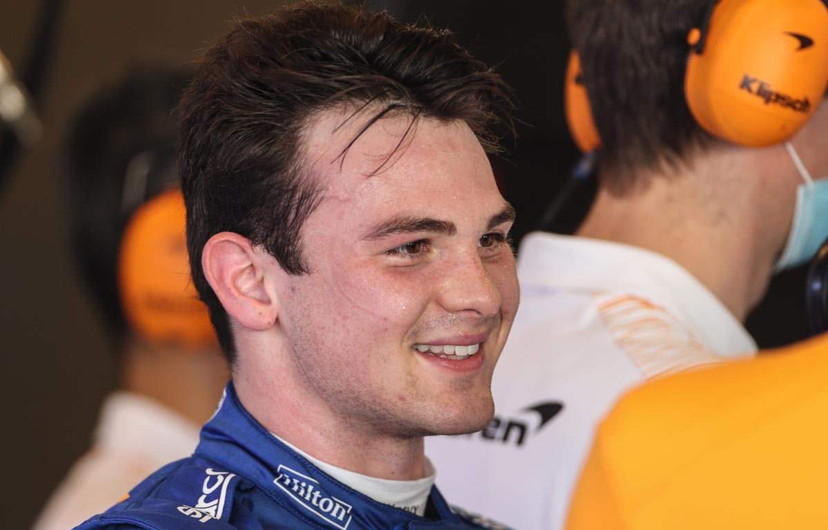 Patricio O'Ward in the McLaren garage. Abu Dhabi December 2021.