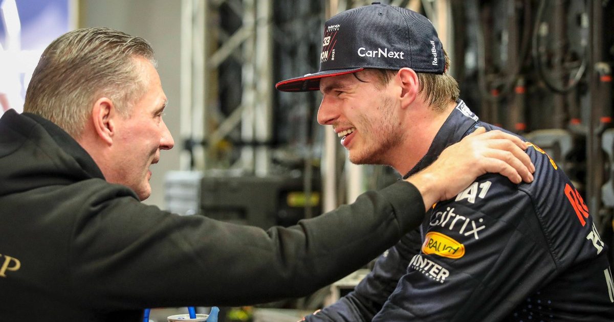 Jos Verstappen with his emotional son Max Verstappen. Abu Dhabi, December 2021.