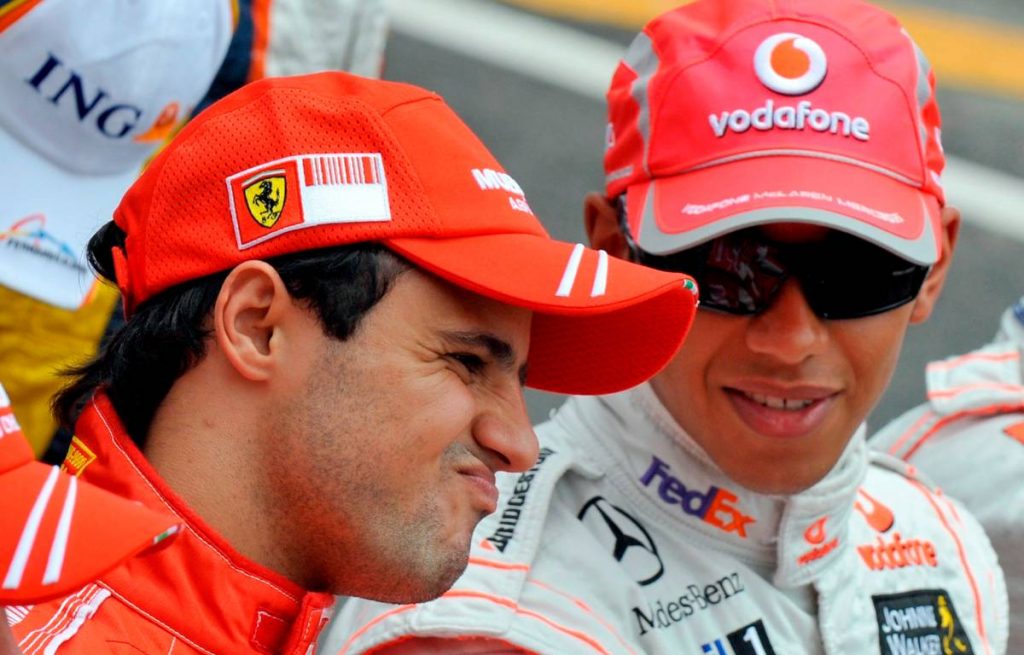 Lewis Hamilton and Felipe Massa chatting. Interlagos November 2008.