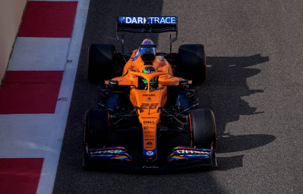 Pato O'Ward, driving the McLaren MCL35M, exits the pit lane. Abu Dhabi, December 2021.