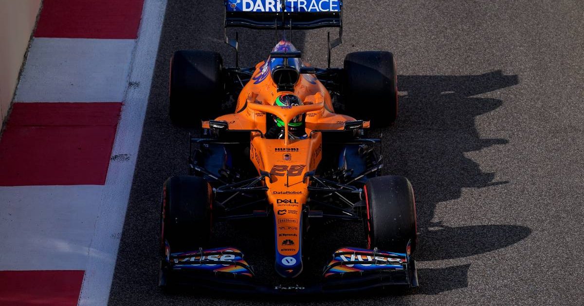 Pato O'Ward, driving the McLaren MCL35M, exits the pit lane. Abu Dhabi, December 2021.