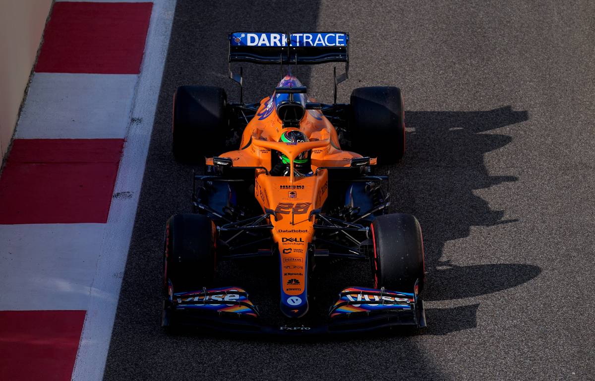 Pato O'Ward, driving the McLaren MCL35M, exits the pit lane. Abu Dhabi, December 2021.