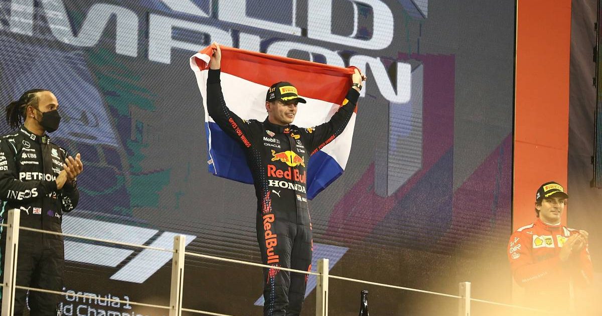Max Verstappen after winning the Abu Dhabi GP. Yas Marina December 2021.
