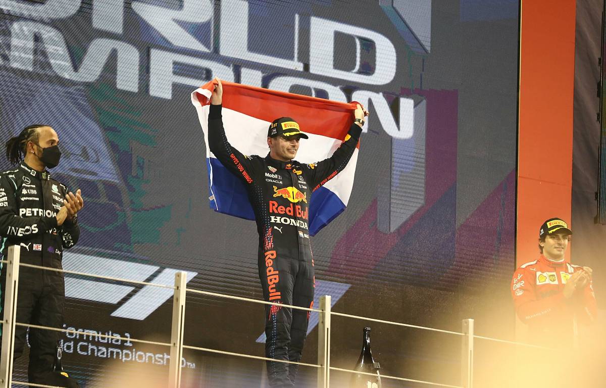 Max Verstappen after winning the Abu Dhabi GP. Yas Marina December 2021.