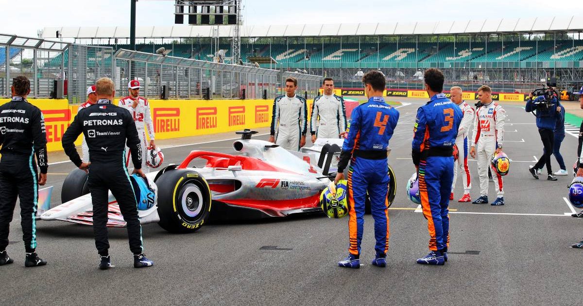 Drivers study prototype of 2022 F1 car. Silverstone July 2021.