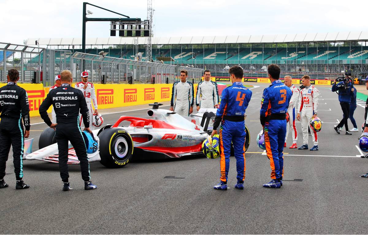 Drivers study prototype of 2022 F1 car. Silverstone July 2021.