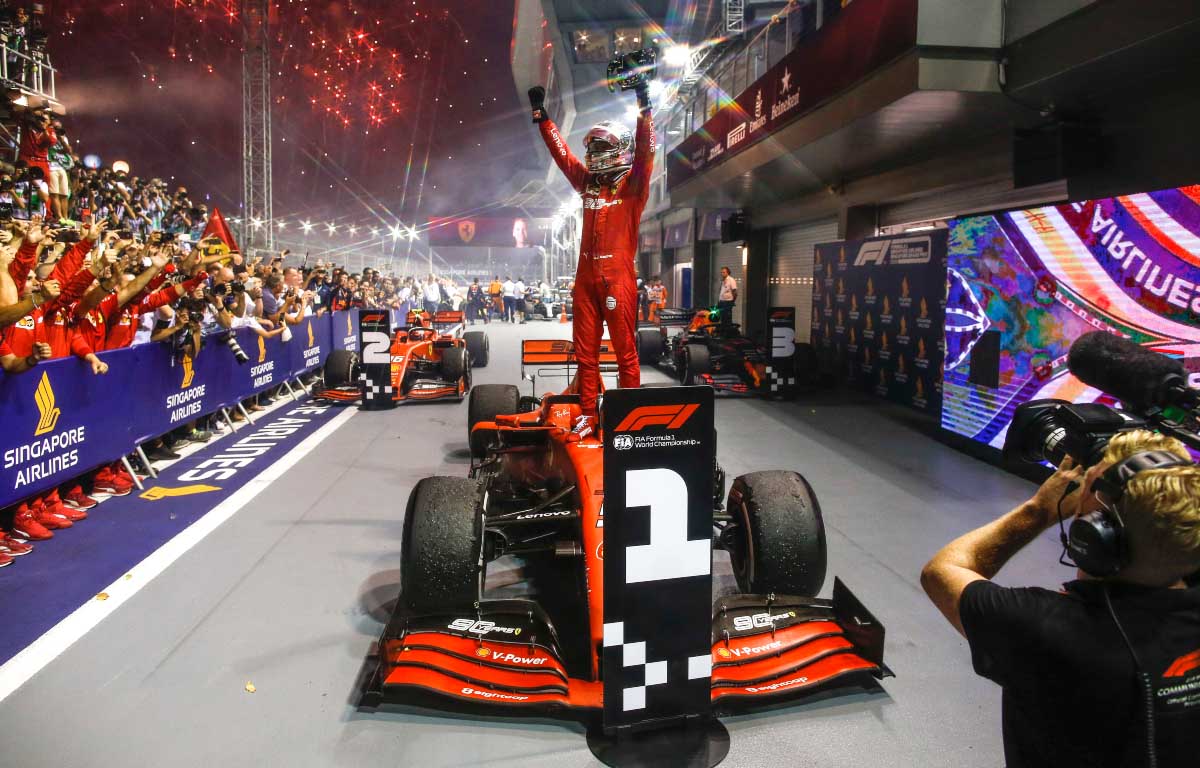 Sebastian Vettel celebrates his win. Singapore September 2019.