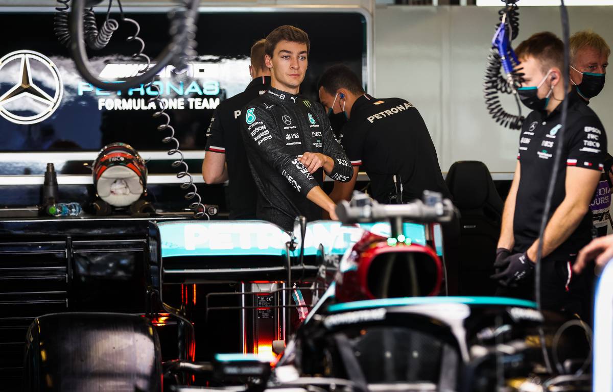 George Russell at the back of the Mercedes garage. Yas Marina December 2021.