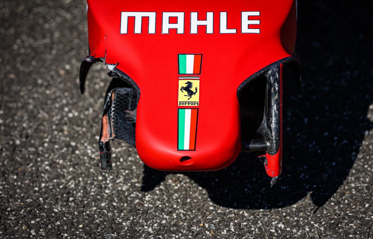 The Ferrari logo on the car's nose cone.