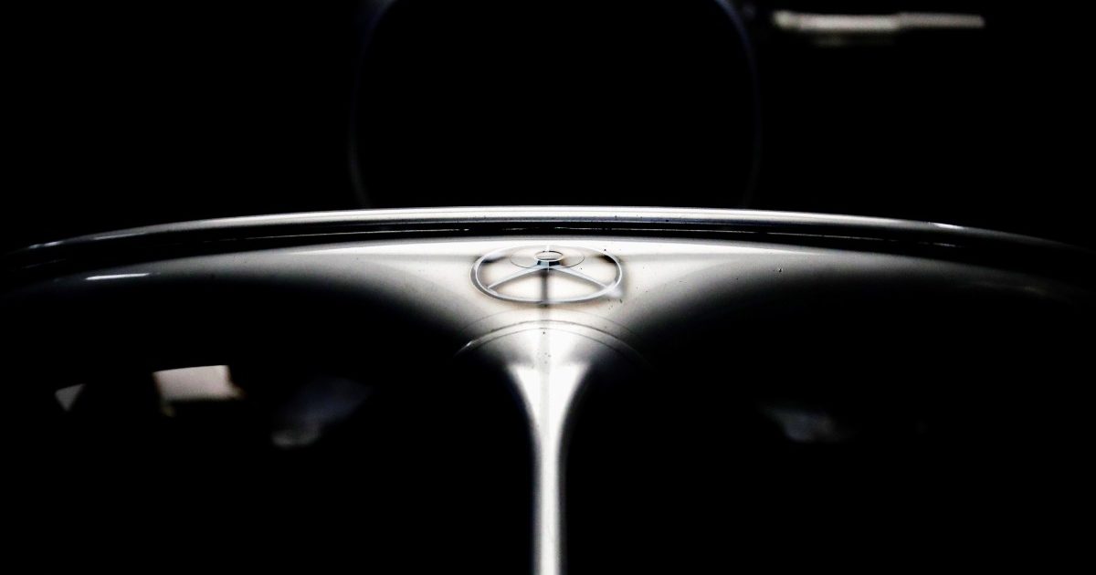 The Mercedes logo on its F1 car's halo. Russia, September 2019.