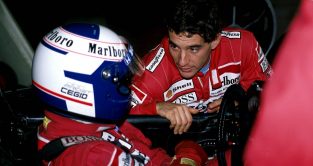 Alain Prost talks to Ayrton Senna. May 1989.