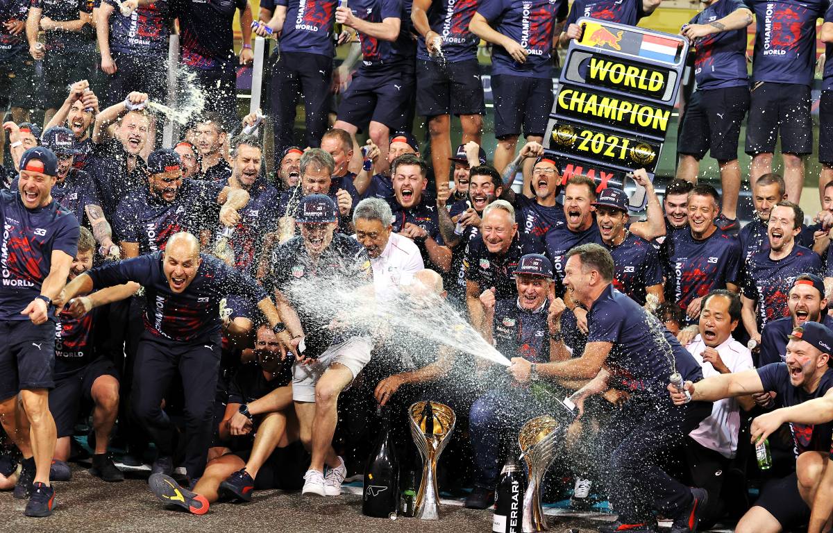 Red Bull celebrate Max Verstappen's World Championship success. Abu Dhabi December 2021