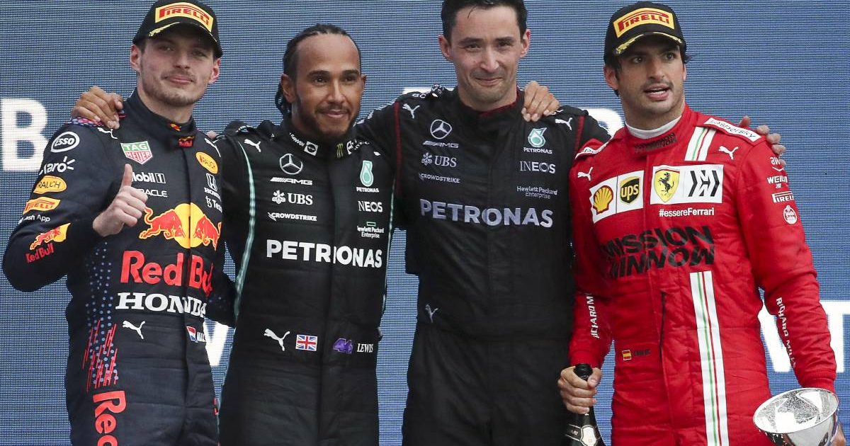 Lewis Hamilton, Max Verstappen and Carlos Sainz on the Russian GP podium. Sochi September 2021.
