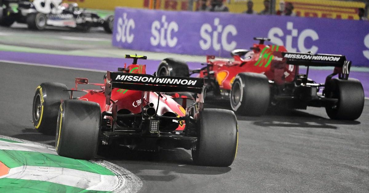Carlos Sainz and Charles Leclerc, Ferrari, battle. Saudi Arabia, December 2021.