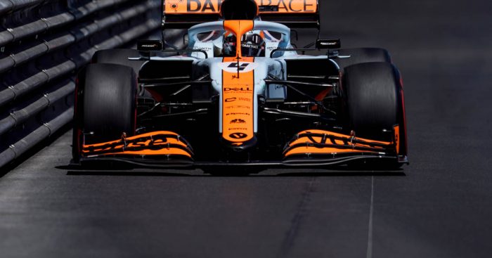 Lando Norris in his Gulf-liveried McLaren at Monaco. May 2021.