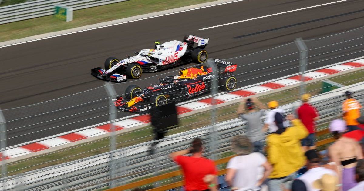 Mick Schumacher and Max Verstappen battle. Hungary, August 2021.