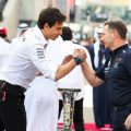 Toto Wolff and Christian Horner shake hands. Yas Marina December 2021.