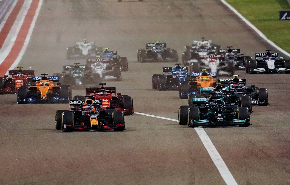 Max Verstappen alongside Lewis Hamilton in the Bahrain GP. Sakhir March 2021.