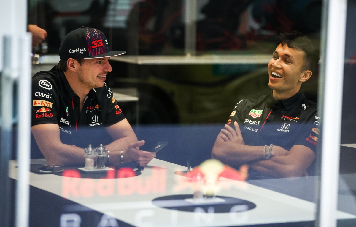 Max Verstappen and Alex Albon laughing. Brazil November 2021