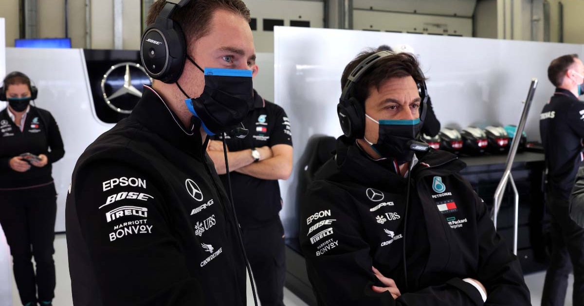 Stoffel Vandoorne and Toto Wolff in the Mercedes garage. Turkey November 2020.