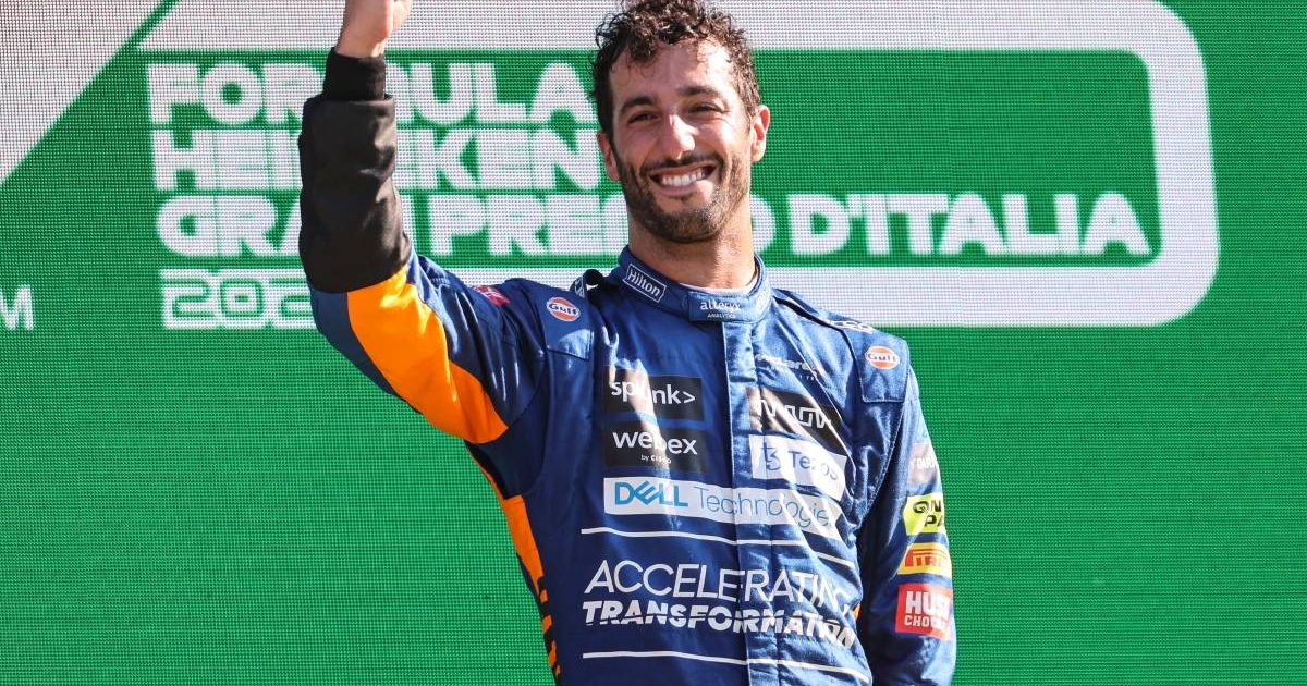 Daniel Ricciardo on the podium after winning the Italian GP. Monza September 2021.