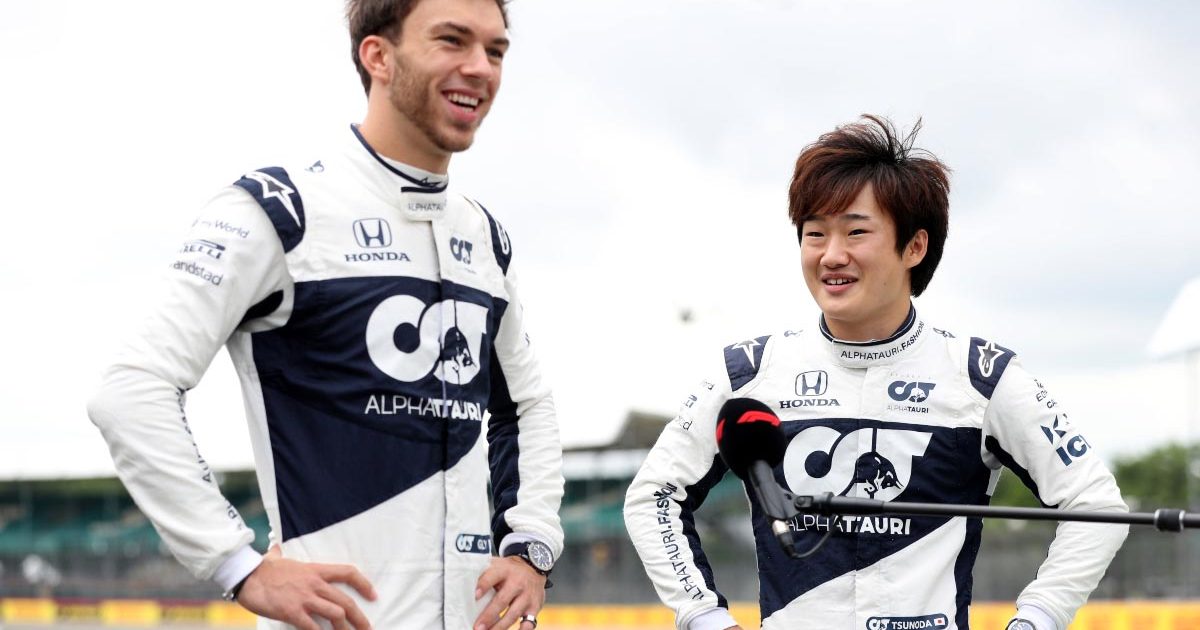 Pierre Gasly and Yuki Tsunoda are interviewed. Silverstone July 2021.