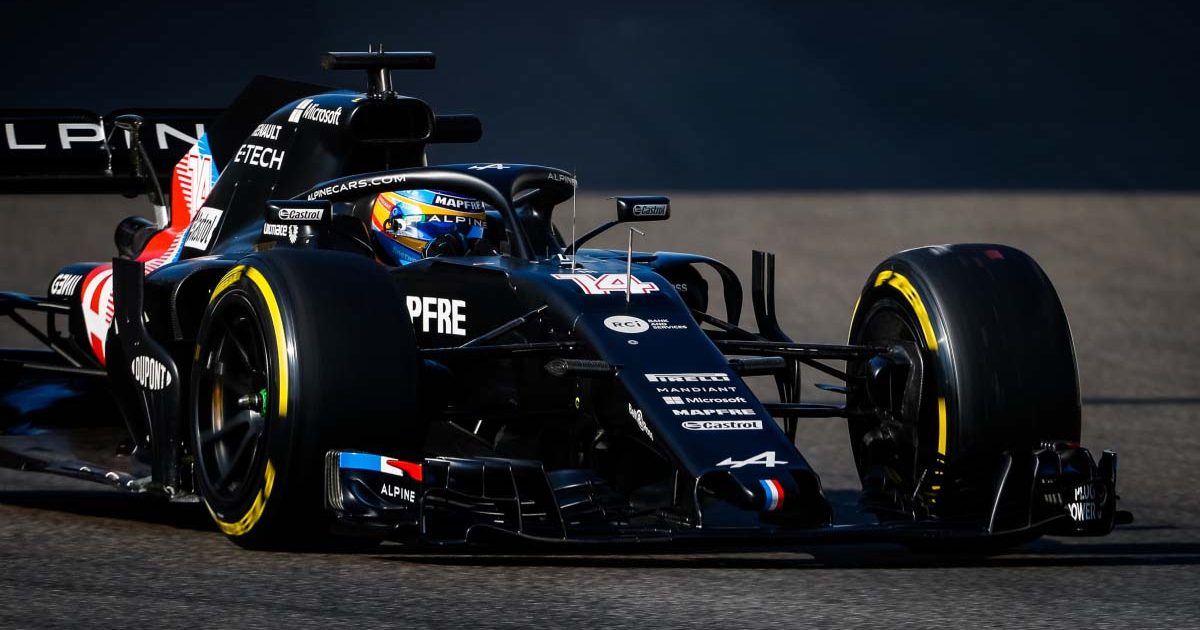 Alpine driver Fernando Alonso tests 18-inch tyres. Abu Dhabi December 2021.