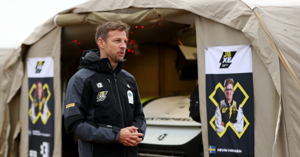 Jenson Button speaking to the press at an Extreme E race. Great Britain December 2021