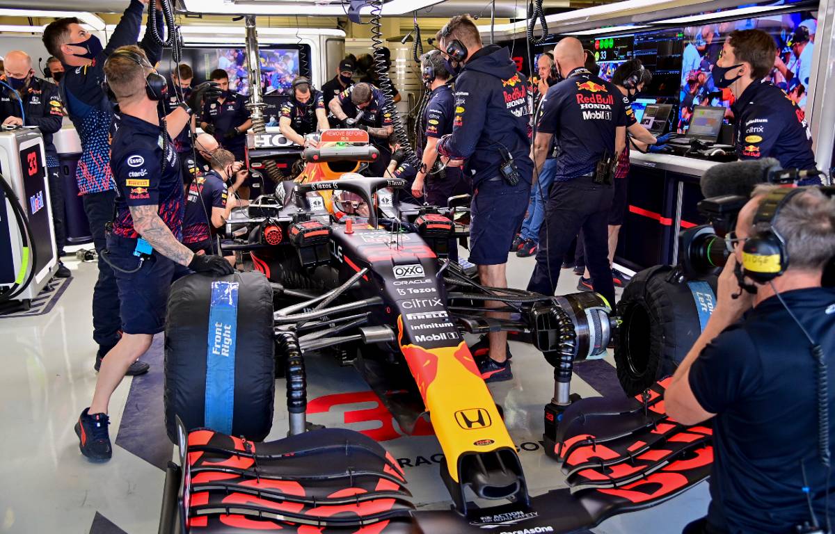 Max Verstappen's car in the Red Bull garage. Mexico City November 2021.
